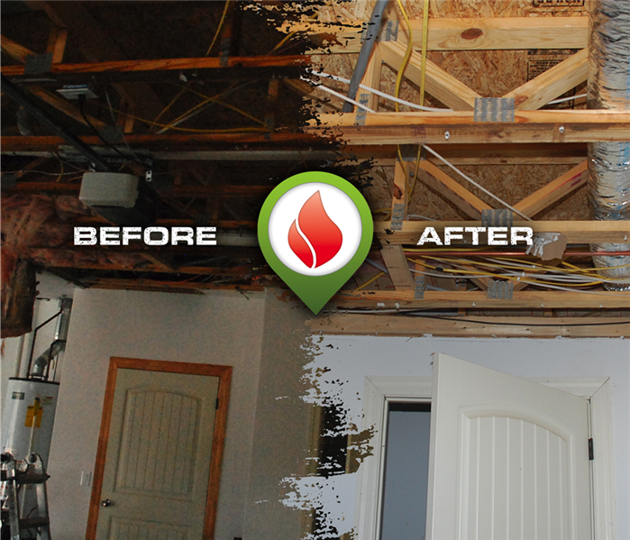 before and after fire damaged trusses and ceiling